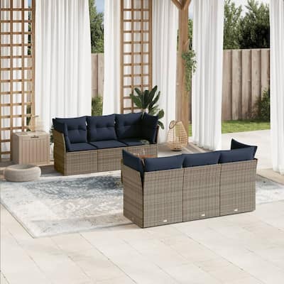 vidaXL 7 Piece Patio Sofa Set with Cushions Gray Poly Rattan - 24.4" x 24.4" x 27.2"