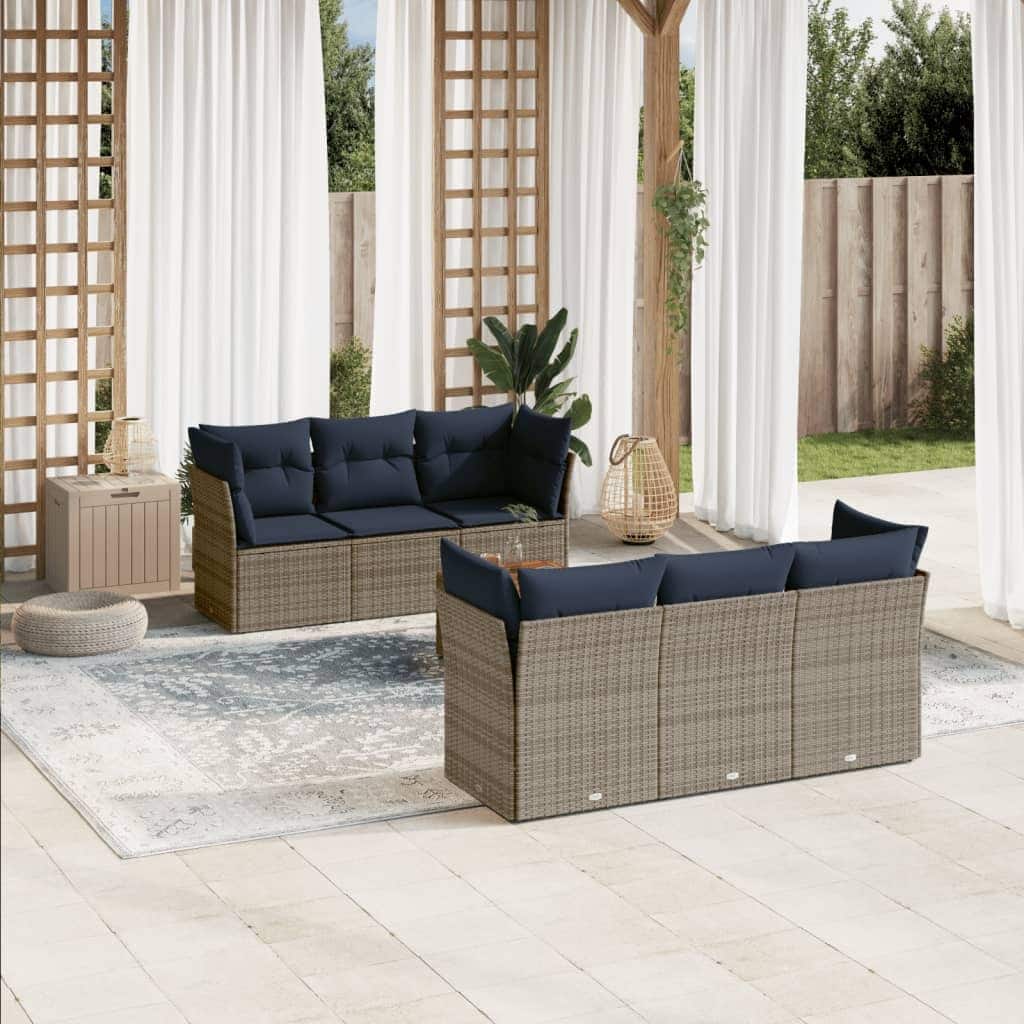 vidaXL 7 Piece Patio Sofa Set with Cushions Gray Poly Rattan - 24.4" x 24.4" x 27.2"