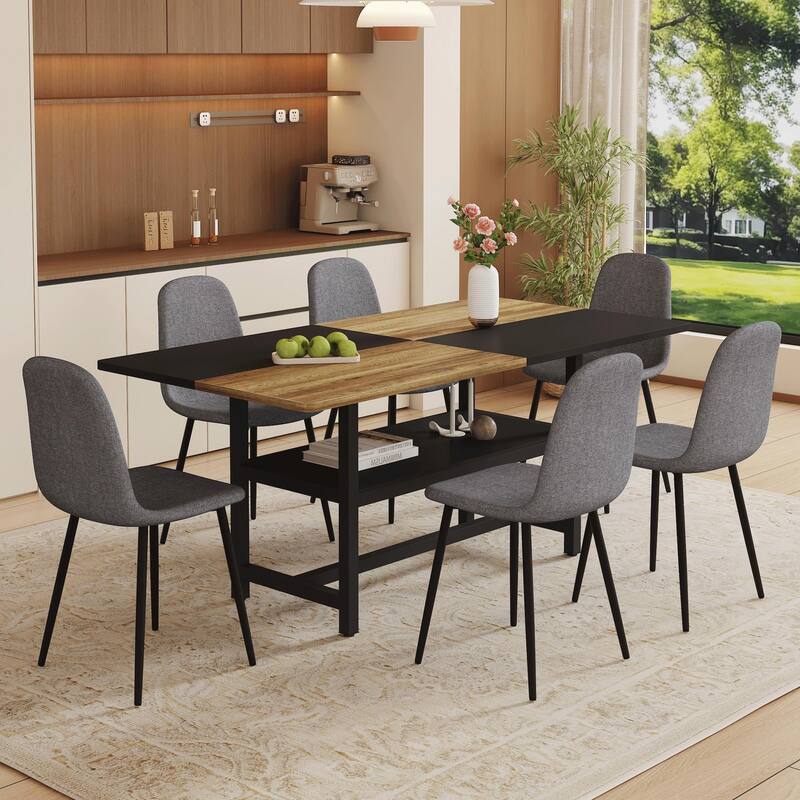 Roomfitters 7/9pcs Wood and Black Spliced Dining Table Set with Storage Base and Linen Fabric Chairs, Dark Gray