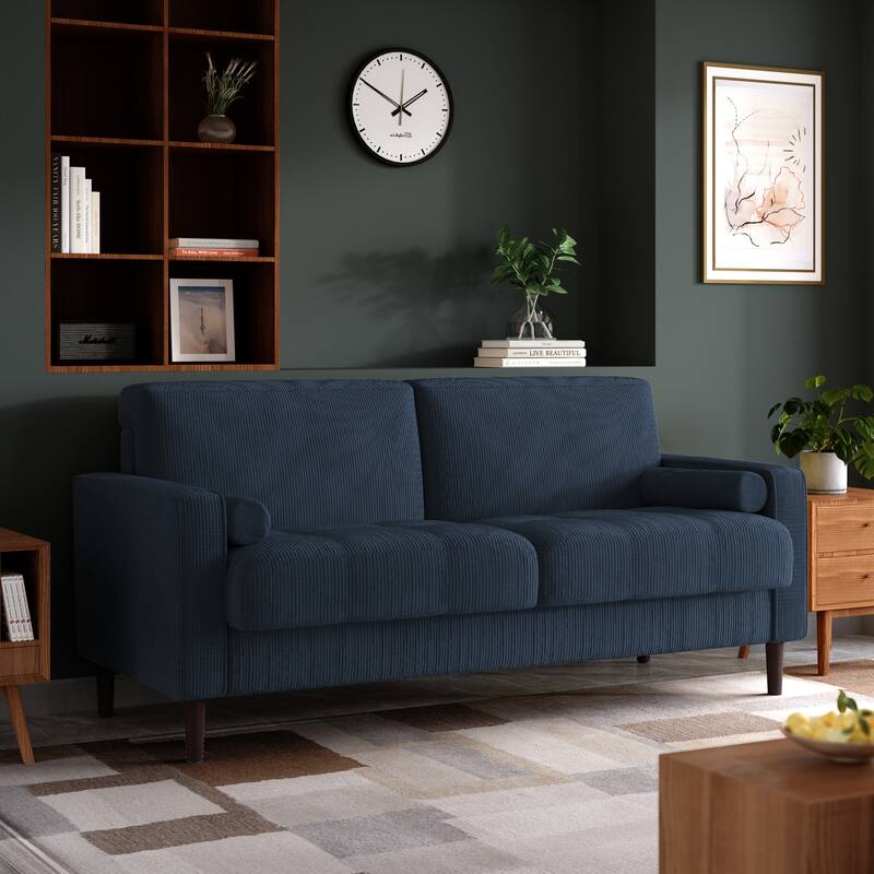 Modern Corduroy Upholstered 2 Seater Sofa with Bolster Pillows - Navy Blue