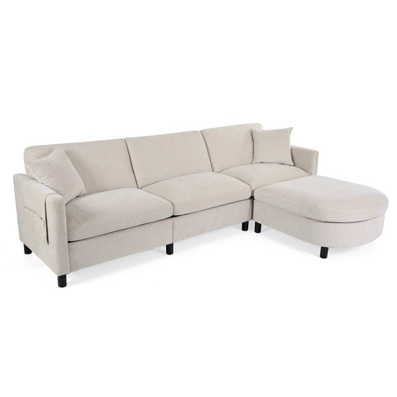 Beige Sectional Sofa, 107.87" with Ottoman, Removable Cushions, and Armrest Pockets