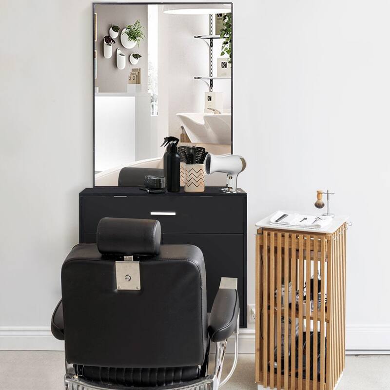 Black Wall Mounted Hair Styling Station with Mirror Drawer and Storage Cabinet for Salon Use - 59.4” x 29.6” x 11.8" (L x W x H)