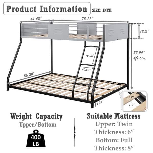 Twin over Full Size Metal Bunk Bed, Heavy-duty Sturdy Metal, Noise Reduced, Safety Vent Board Guardrail