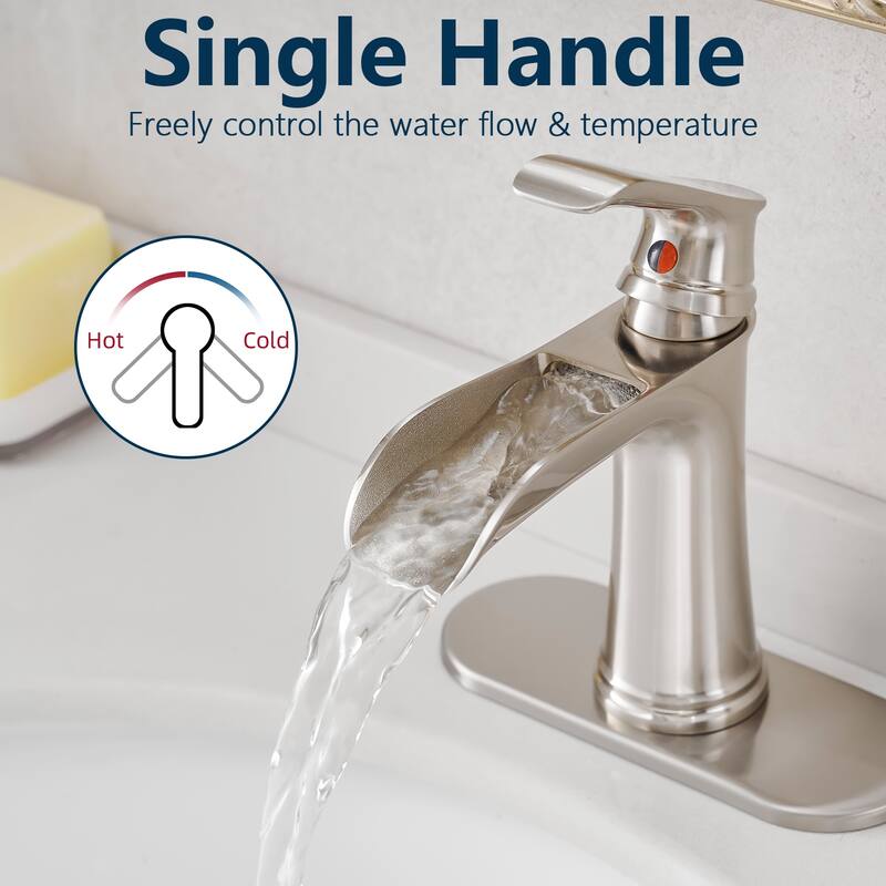 Sink Faucet With Deck Plate Waterfall Brushsed,Pop Up Drain and Supply for Sink 1 Hole One Handle Faucets Vanity Bath