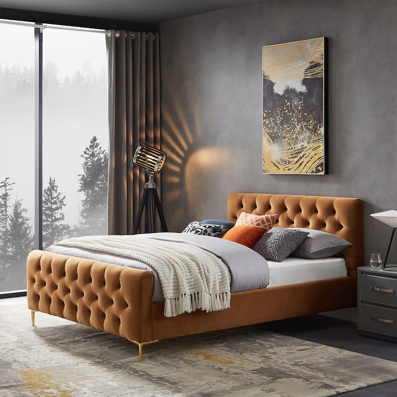 Bianca Mid Century Velvet Platform Bed in Cognac - Tan - Queen