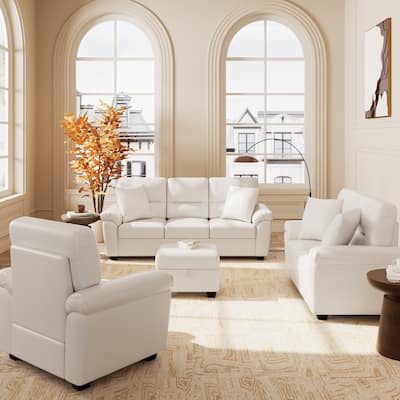 Upholstered Living Room Set, 4 Pieces - Faux Leather Chair, Loveseat, sofa with Ottoman