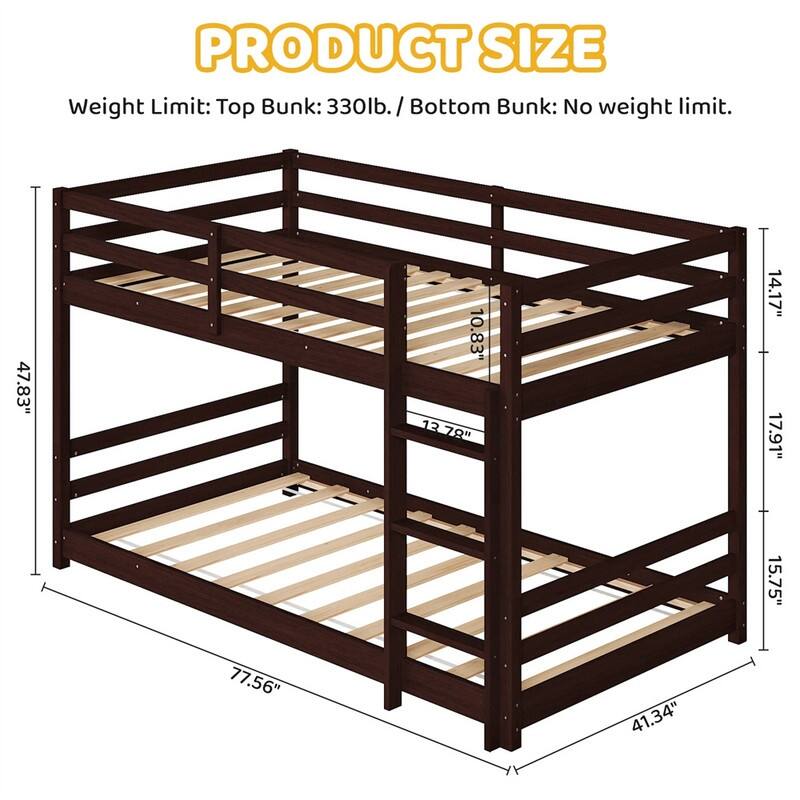 Kids Low Floor Bunk Bed Twin Over Twin With Guard Rails And Stairs
