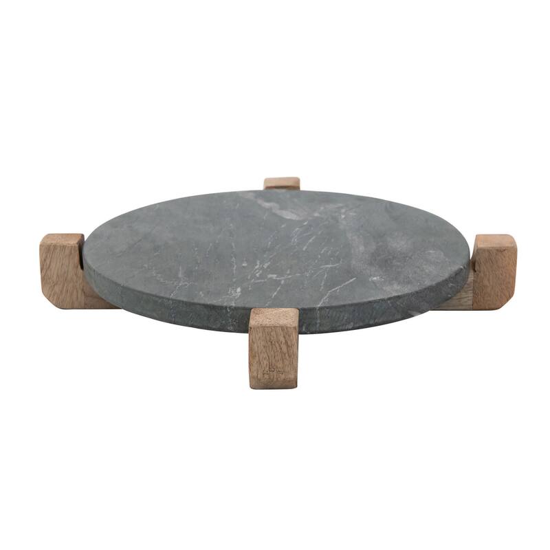 Marble Serving Board with Mango Wood Stand - 13.0"L x 13.0"W x 2.0"H - 13.0"L x 13.0"W x 2.0"H - Grey - 2 Piece