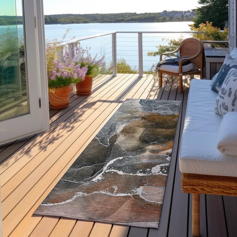 Machine Washable Indoor/ Outdoor Chantille Abstract Orange Rug