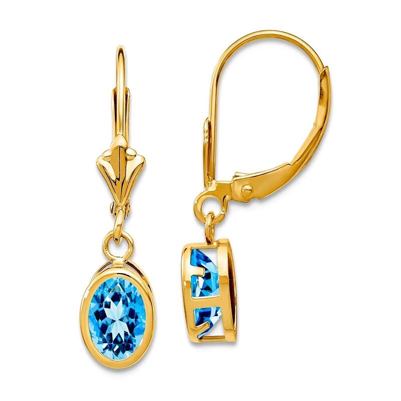 Curata 14k Yellow Gold 7x5mm Bezel Oval Natural Gemstone Leverback Earrings - 27x7mm - Blue Topaz