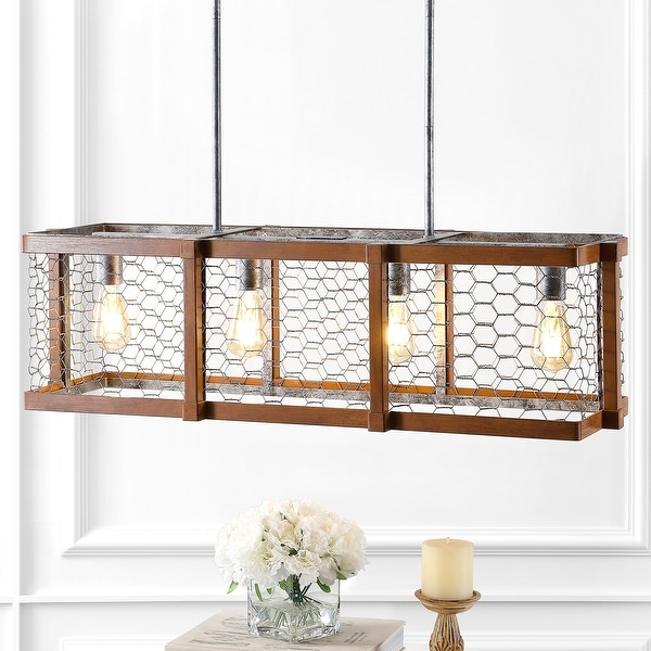 Gaines 34.5" Linear 4-Light Adjustable Iron Rustic Industrial LED Pendant, Brown/Silver by JONATHAN Y. Opens flyout.