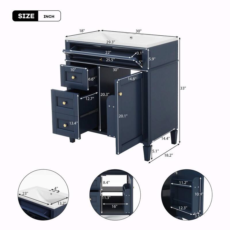 30'' Modern Bathroom Vanity with Top Sink, 2 Drawers and Tip-out Drawer
