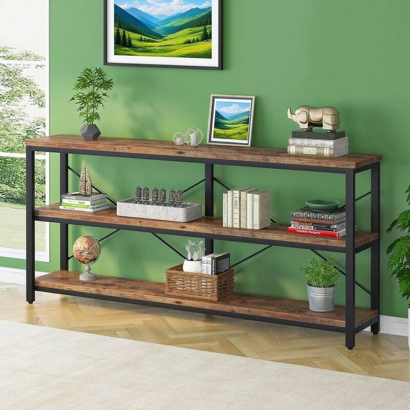 Brown MDF Extra-Long Sofa Table with 3 Open Shelves and Metal Legs - 70.87” L x 11.81 W x 35.83 H