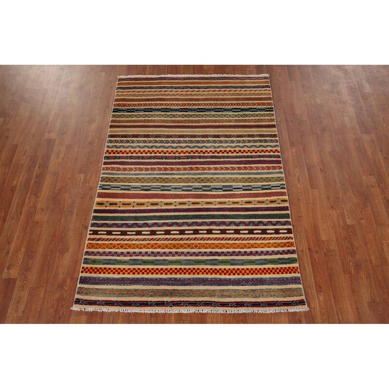 All-Over Striped Kazak Oriental Area Rug Hand-Knotted Wool Carpet - 3'11" x 5'11"