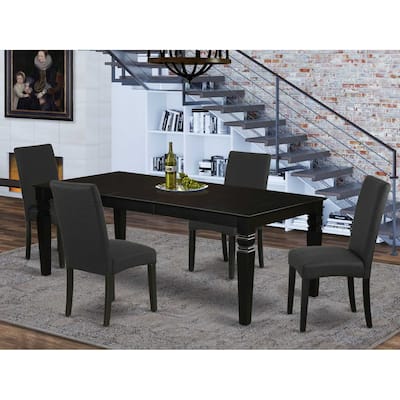 Rectangular Dining Set - 66/84" Table w/ Leaf & 4 Parsons Chairs - Black Finish & Linen Fabric