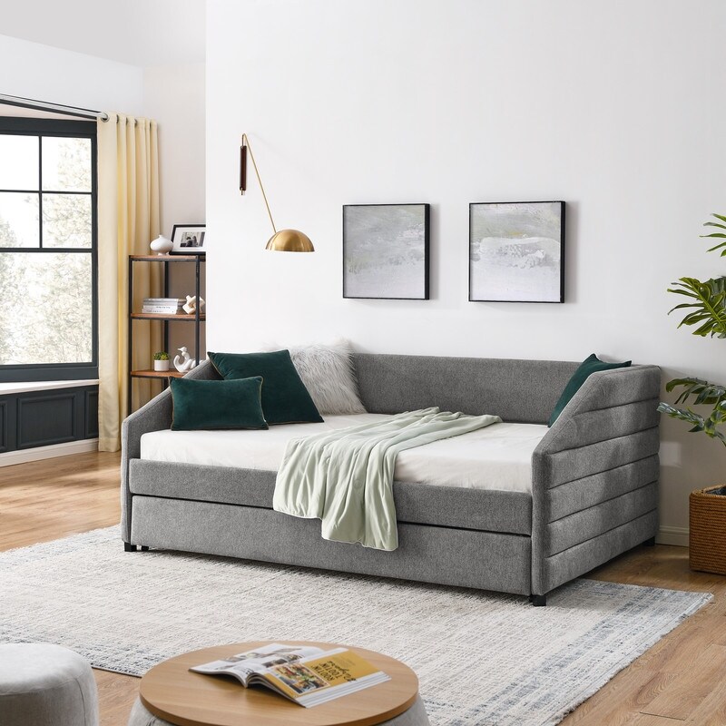 Upholstered Daybed with Trundle Modern Button Tufted Linen Fabric