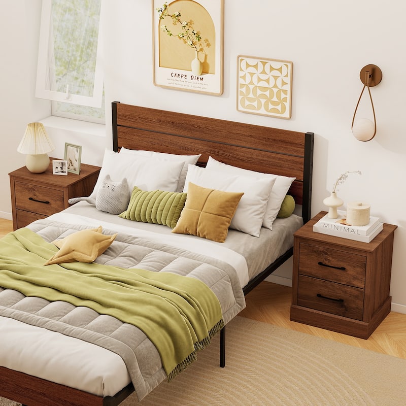 Gymax Set of 2 Drawer Nightstand Bedside Table Compact Sofa End Table