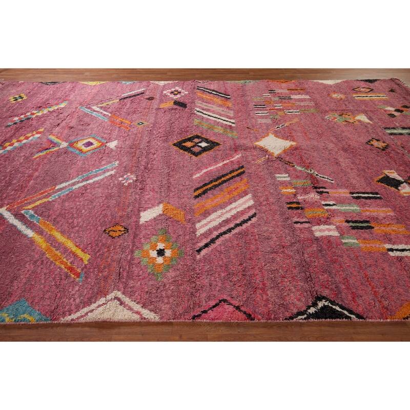 Pink Geometric Moroccan Large Area Rug Hand-Knotted Wool Carpet - 9'10" x 14'7"