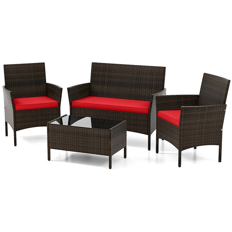 Gymax 4 PCS Patio Furniture Set w/Washable Cushions & Tempered Glass