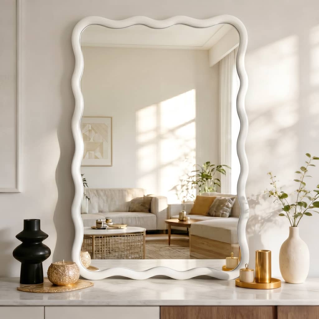 Scalloped Wood Frame Rectangle Wavy Wall Mirror