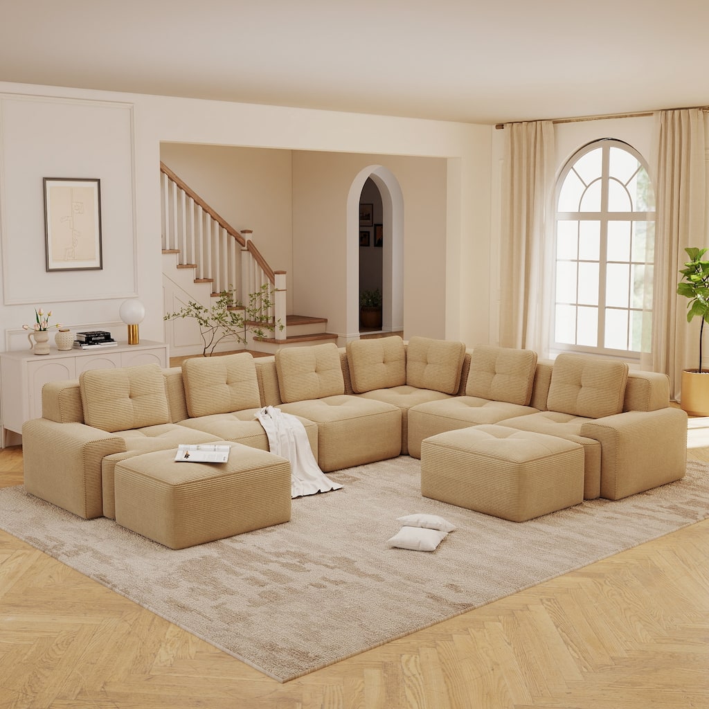 GDFStudio - 6-Seater Corner Corduroy Modular Sectional Sofa with 2 Movable Ottomans & Ergonomic Deep Seat
