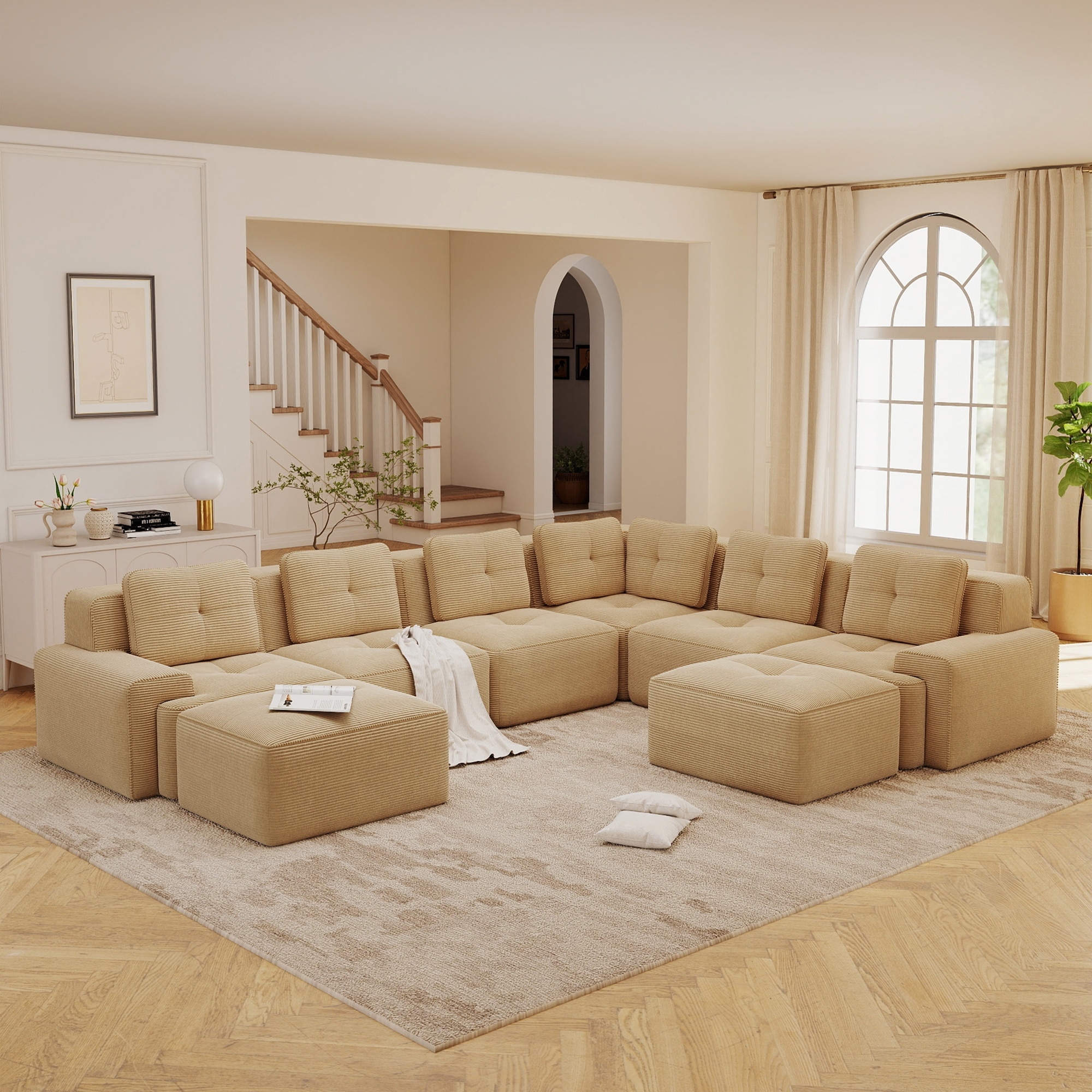 GDFStudio - 6-Seater Corner Corduroy Modular Sectional Sofa with 2 Movable Ottomans & Ergonomic Deep Seat