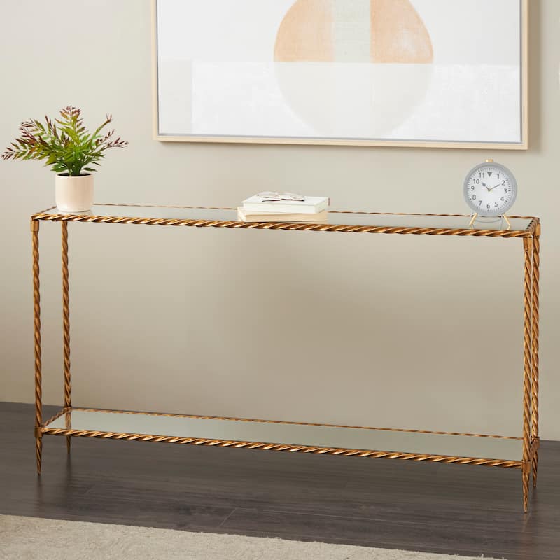 Gold Metal Twisted Rope Inspired 1 Shelf Console Table with Mirrored Glass Top and Shelf - Gold