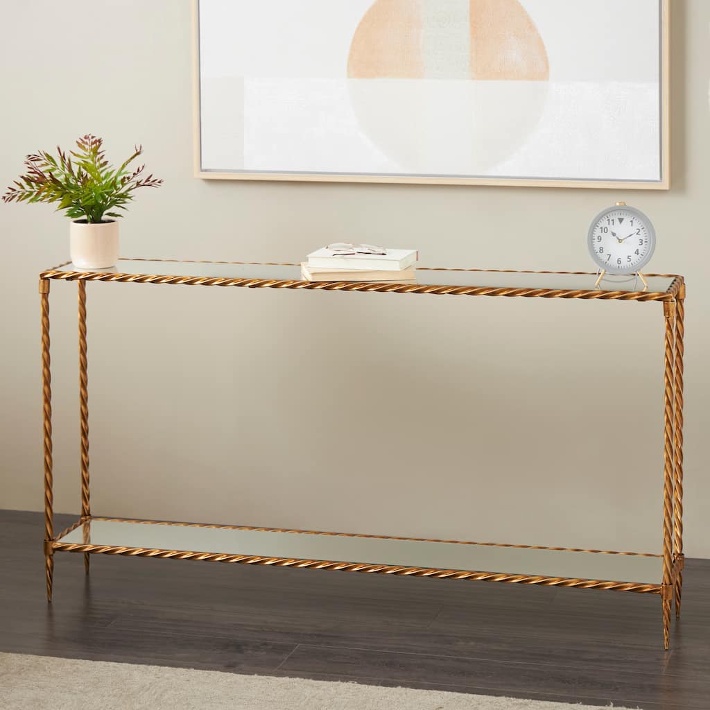 Gold Metal Twisted Rope Inspired 1 Shelf Console Table with Mirrored Glass Top and Shelf