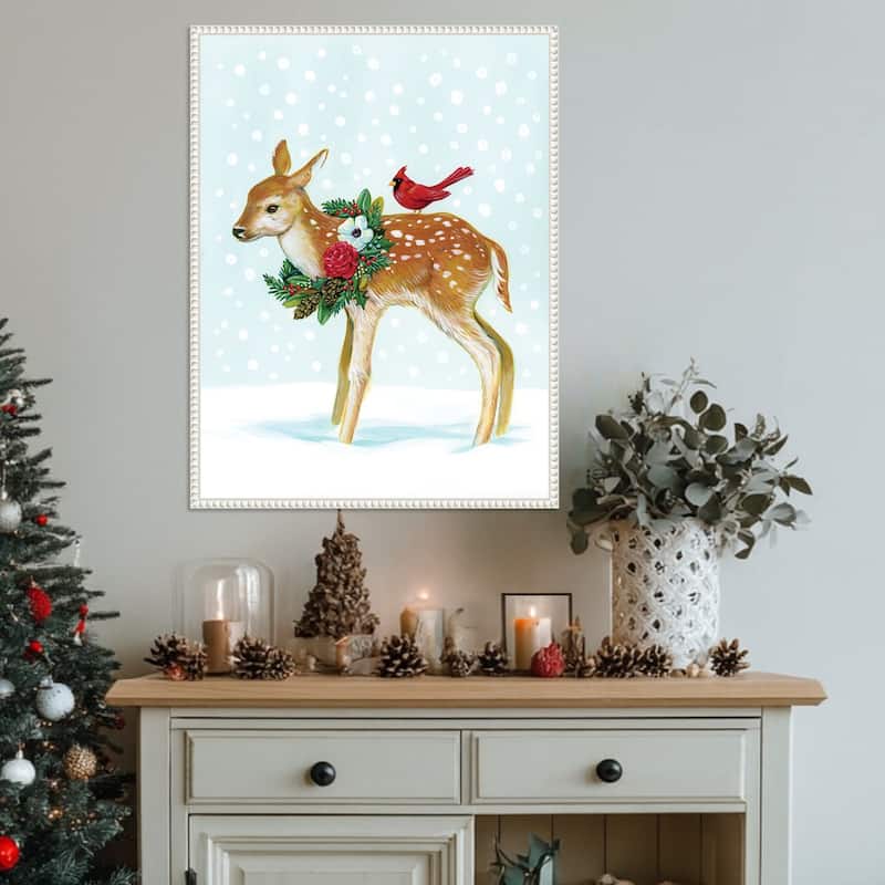 Winter Woodland Creatures with Cardinals II by Laura Marr (23 x 30 in.), Framed Canvas Wall Art Print - Sylvie Beaded White