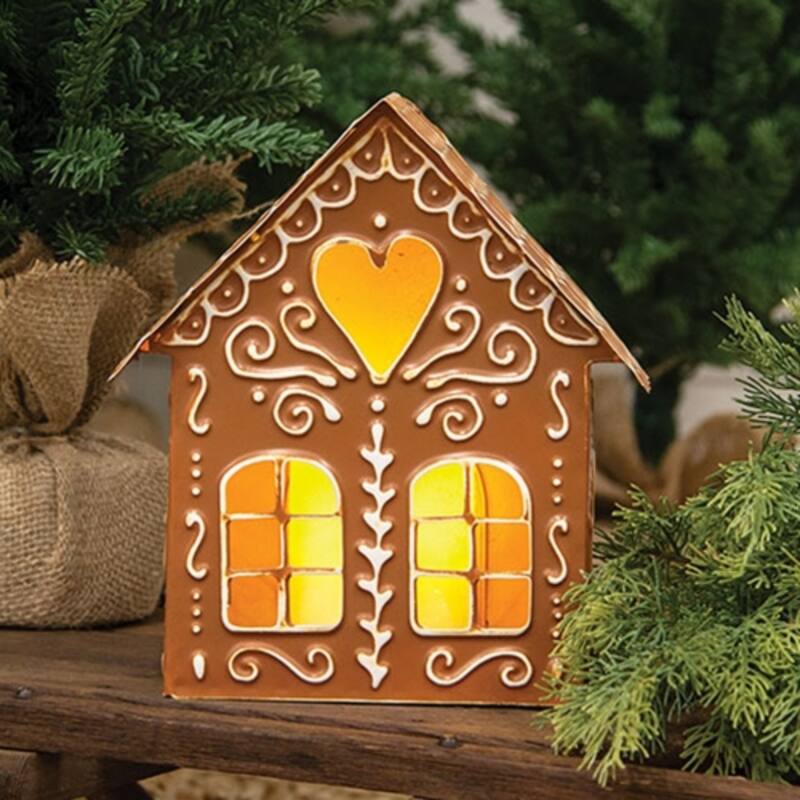 Metal Gingerbread House Christmas Luminary with Cutout Windows and Icing Details Rustic Distressed Holiday