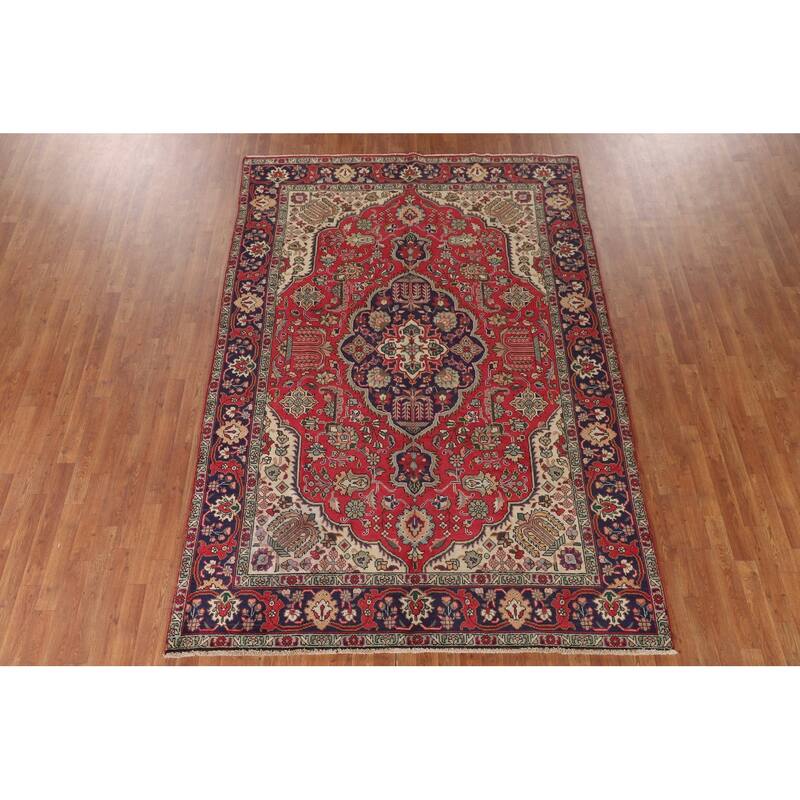 Tabriz Persian Vintage Area Rug Hand-Knotted Geometric Wool Carpet - 6'7"x 9'7"