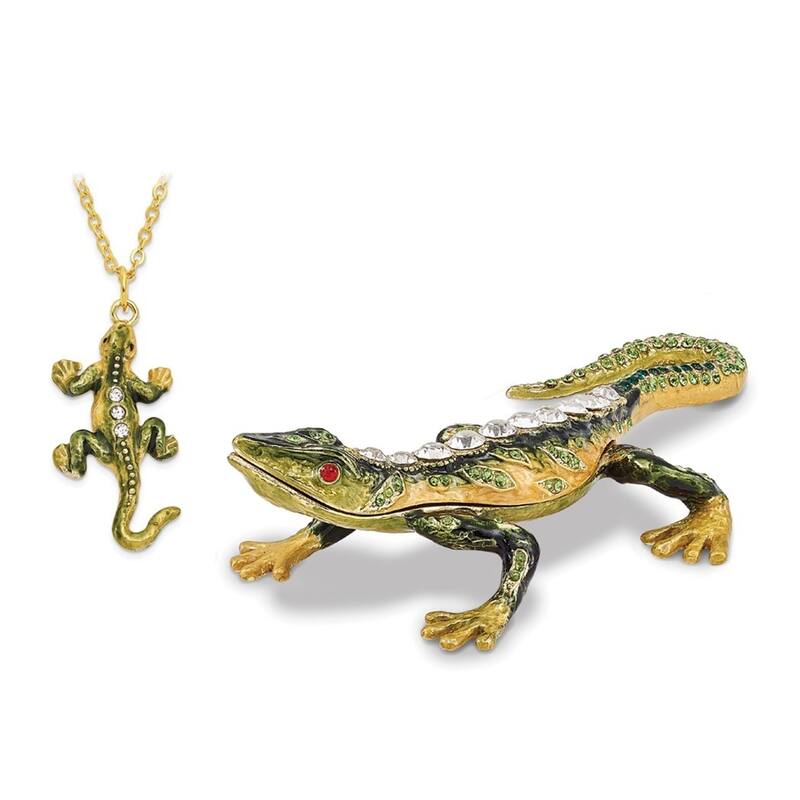 Curata Pewter Crystals Gold-Tone Enameled Rocky Rain Forest Lizard Trinket Box on 18 Inch Necklace