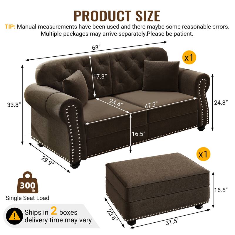 Mid Century Modern Couch, Velvet Chesterfield Sofa Button Tufted Oversized Loveseat Sofa with Nailhead Trim & Roll Armrests