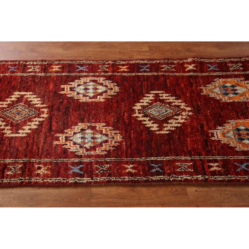 Red Moroccan Oriental Runner Rug Hand-Knotted Wool Carpet - 2'8" x 9'11"