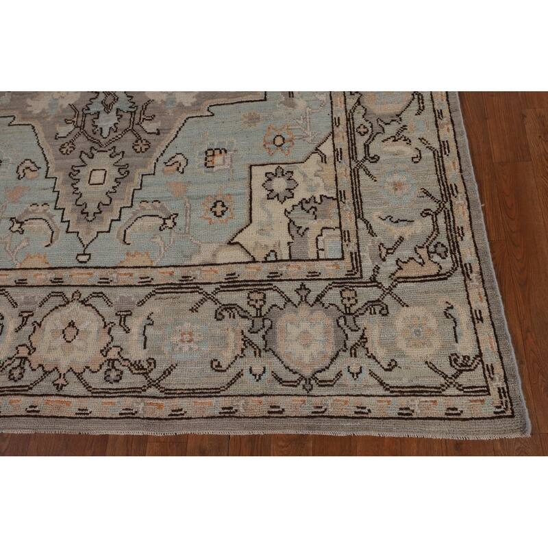 Vegetable Dye Oushak Turkish Rug Blue Hand-Knotted Wool Carpet - 6'1"x 9'0"