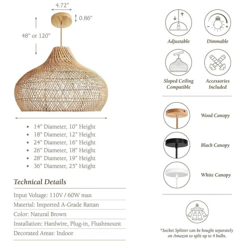 Kloe Brown Rattan Pendant Light – Handwoven Ceiling Light Fixture for Dining Room, or Bedroom in Boho & Coastal Style