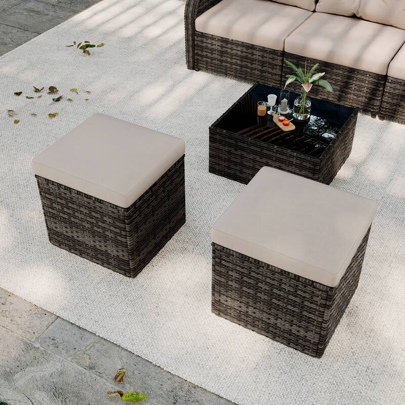 Outdoor Patio PE Wicker Ottoman with Cushion Set of 2