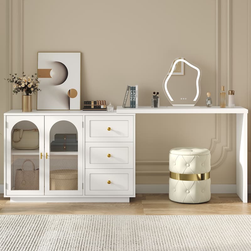 Extendable Makeup Vanity Desk with 3 Drawers & 2 Doors