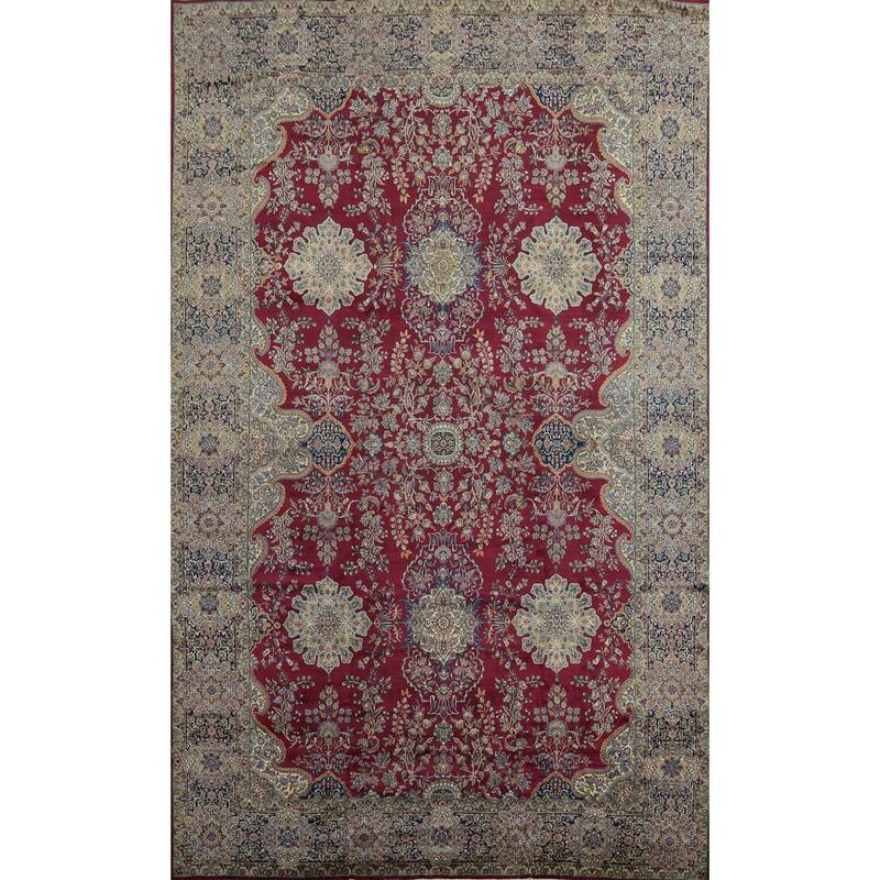 Hand Knotted Oriental 100% Wool Carpet Traditional Floral Red Kerman Area Rug - 19' 4'' X 12' 9''