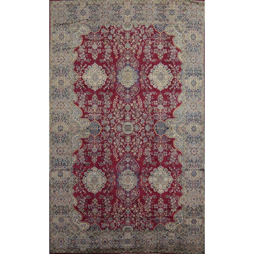 Hand Knotted Oriental 100% Wool Carpet Traditional Floral Red Kerman Area Rug - 19' 4'' X 12' 9''