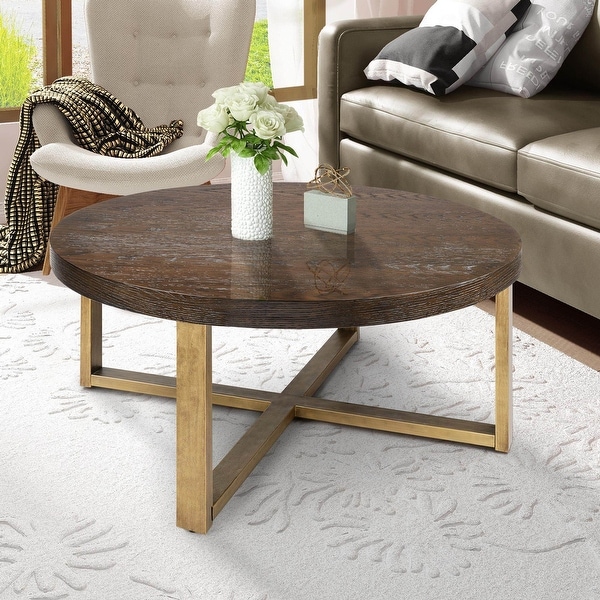 Genzi Vintage Round Oak Solid Wood Coffee Table with Accent Hammered Cross X Legs Bed Bath Beyond 32006954