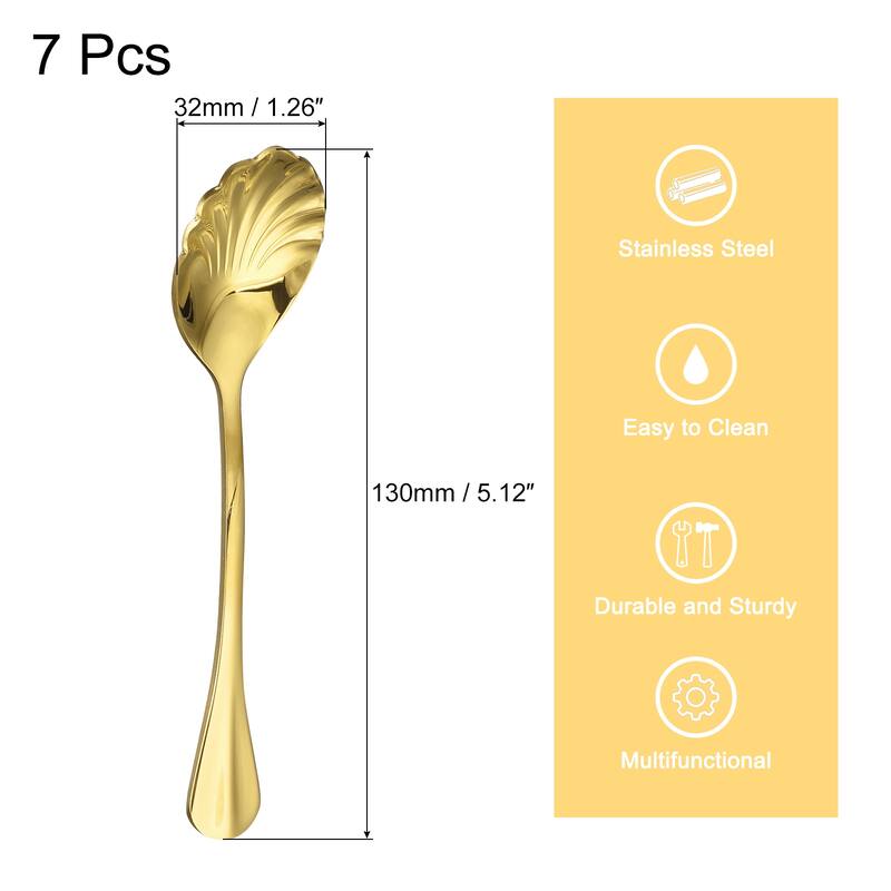 7Pcs 5" Stainless Steel Shell Shape Spoon Mini Coffee Dessert Spoons - Gold