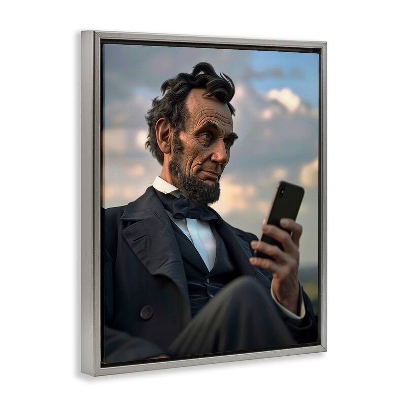 Stupell Abe Lincoln with Cellphone Framed Floater Canvas Wall Art Design By Michael McKinney