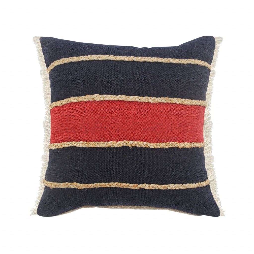 HomeRoots 20" X 20" Navy Red And Tan 100% Cotton Striped Zippered Pillow
