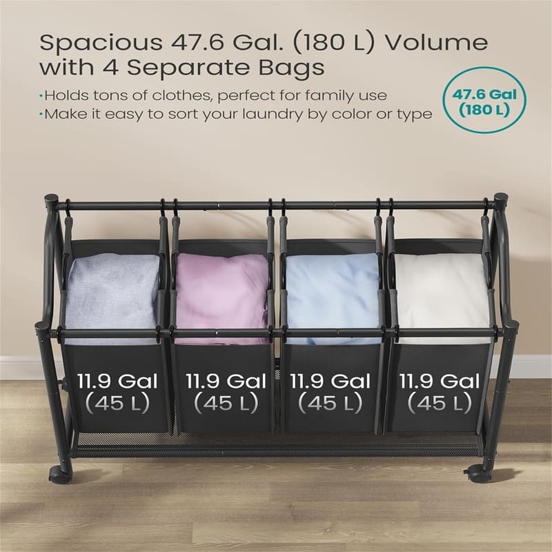 Rolling Laundry Basket with 4 Removable Bags