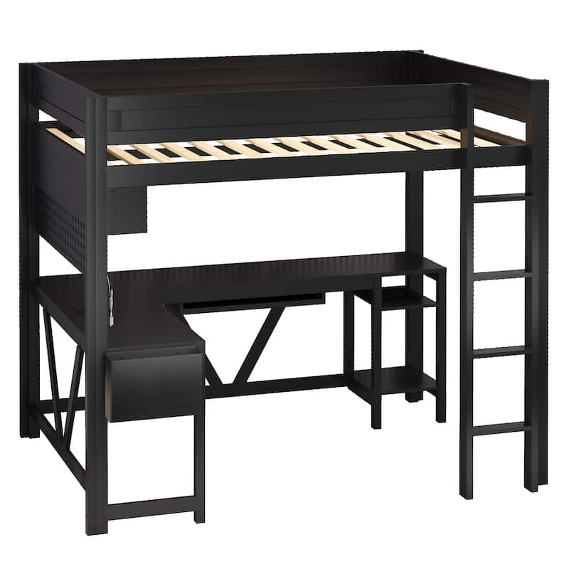 Full Size Gaming Loft Bed with Desk, Wood Frame with Storage Shelves, LED Lights & Charging Station