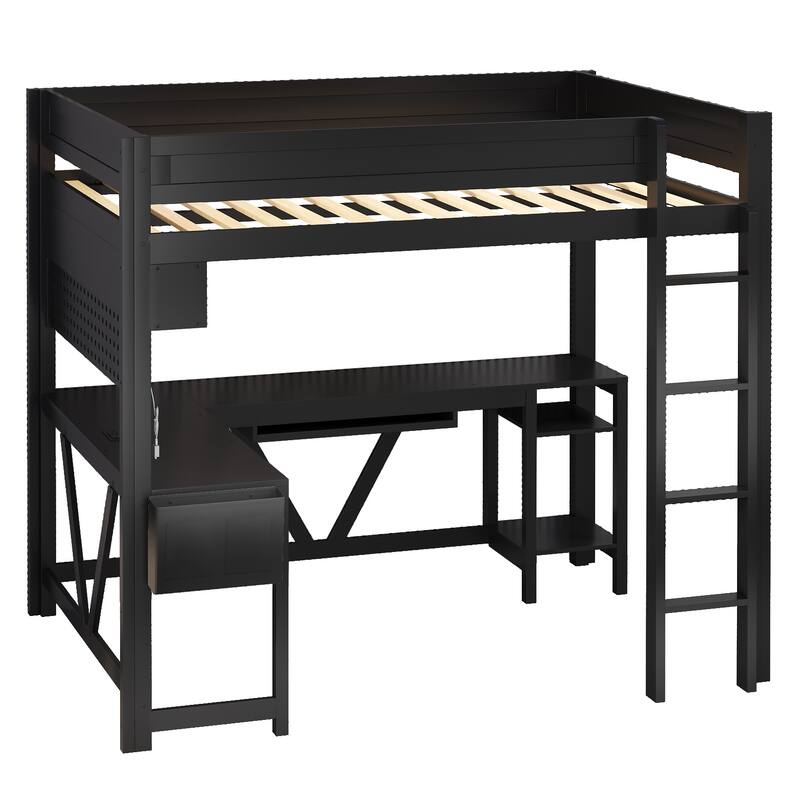 Full Size Gaming Loft Bed with LED Lighting, Built-in Desk, Storage & Charging Ports by Harper&Bright Designs