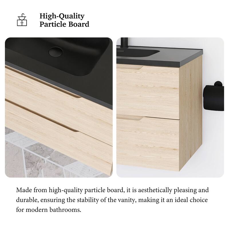 Floating Bathroom Vanity in Evita Oak with Integrated Quartz Sand Top