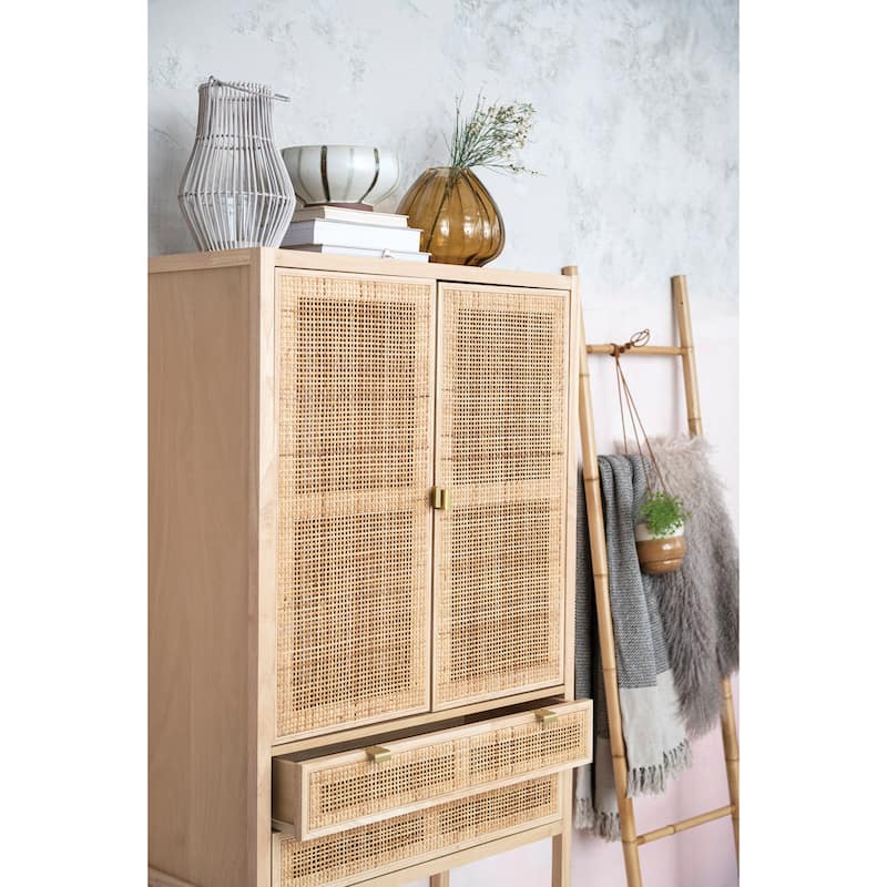 Woven Cane and Wood Cabinet - 33.5"L x 15.7"W x 66.9"H