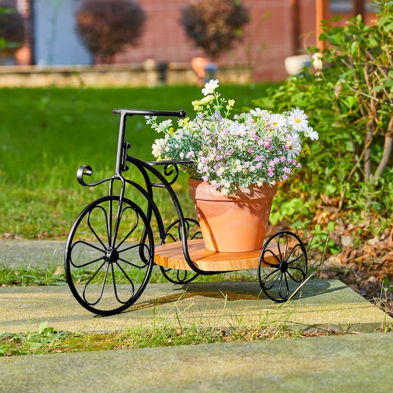 Glitzhome 24"L Spring Metal Tricycle Planter Stands Flower Pot Cart with Wood Trays - 18"L * 13"H - 1 Tier Tray-18" L-Black